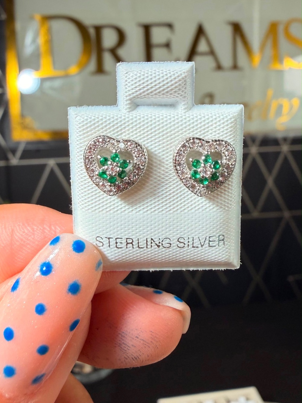Sterling Silver Heart Stud Earrings with Green Gem Accents